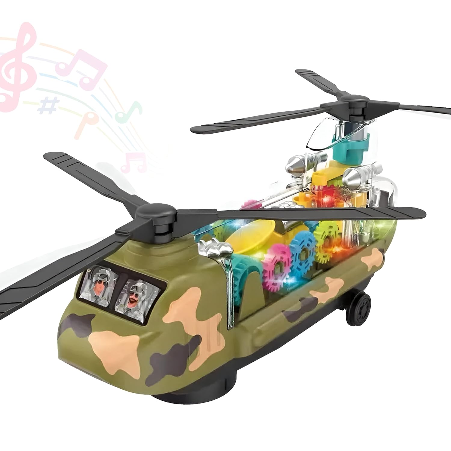 Musical Bump & Go Transparent Military Helicopter Toy with 360° Rotation